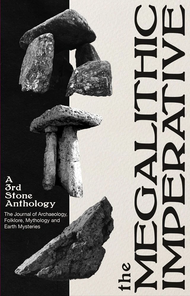 Cover of a book titled "The Megalithic World" featuring black and white photographs of ancient stone formations and upright stones.