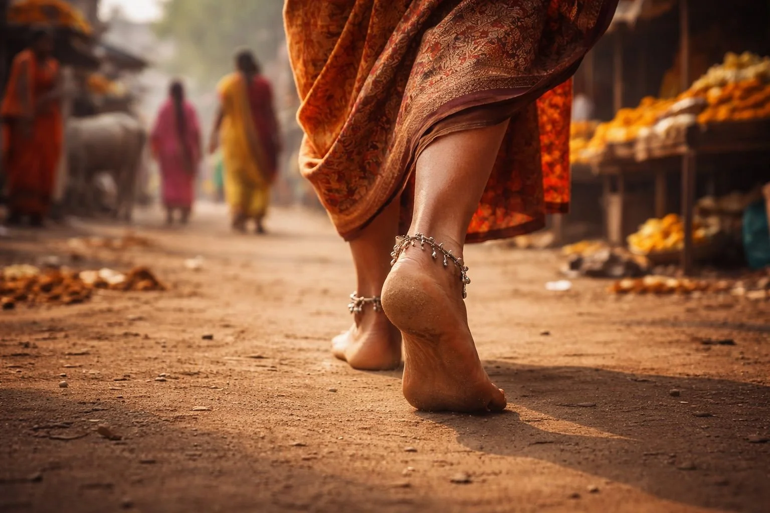 Les pieds d'une femme fermement plantés dans la poussière d'un marché coloré, portant des anklets argentés, avec des vendeurs et des figures floues en arrière-plan.