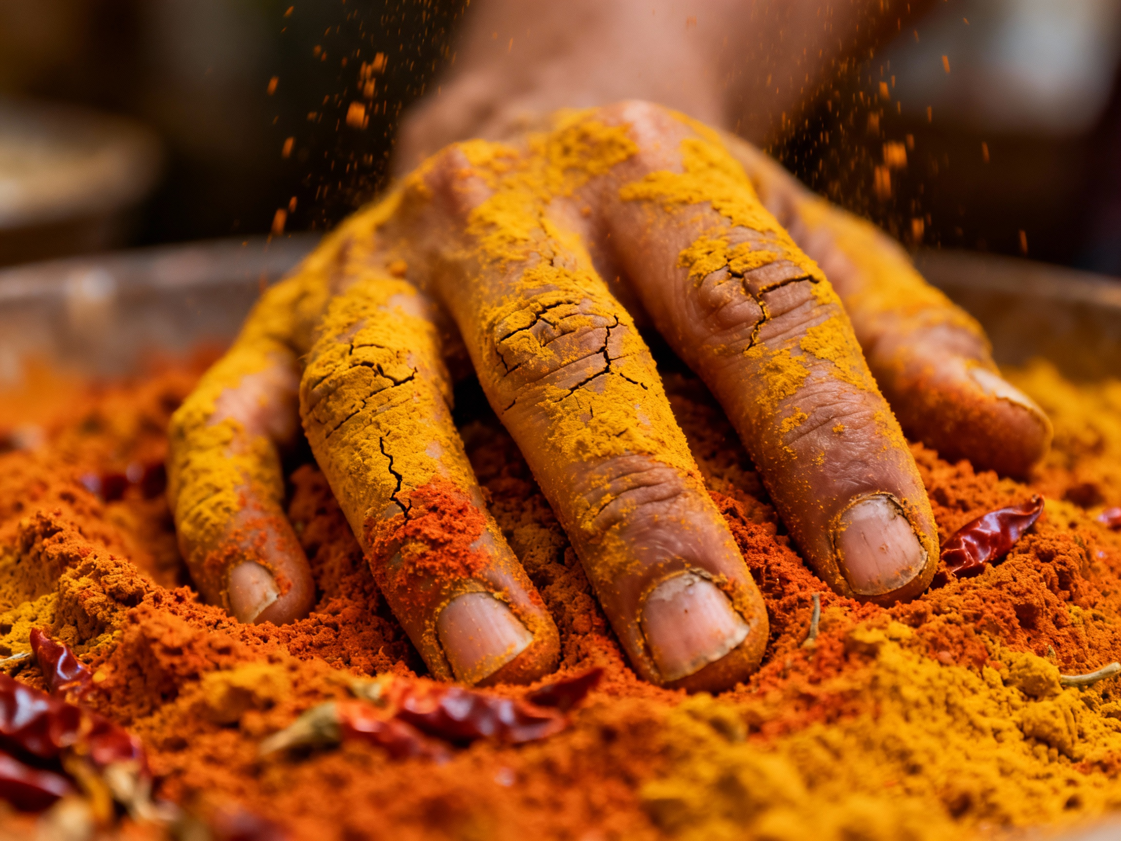 Main enfouie dans une épaisse couche de poudre de différentes couleurs, notamment orange et jaune, avec quelques piments rouges autour, dans une scène évocatrice d'épices et de cuisine.