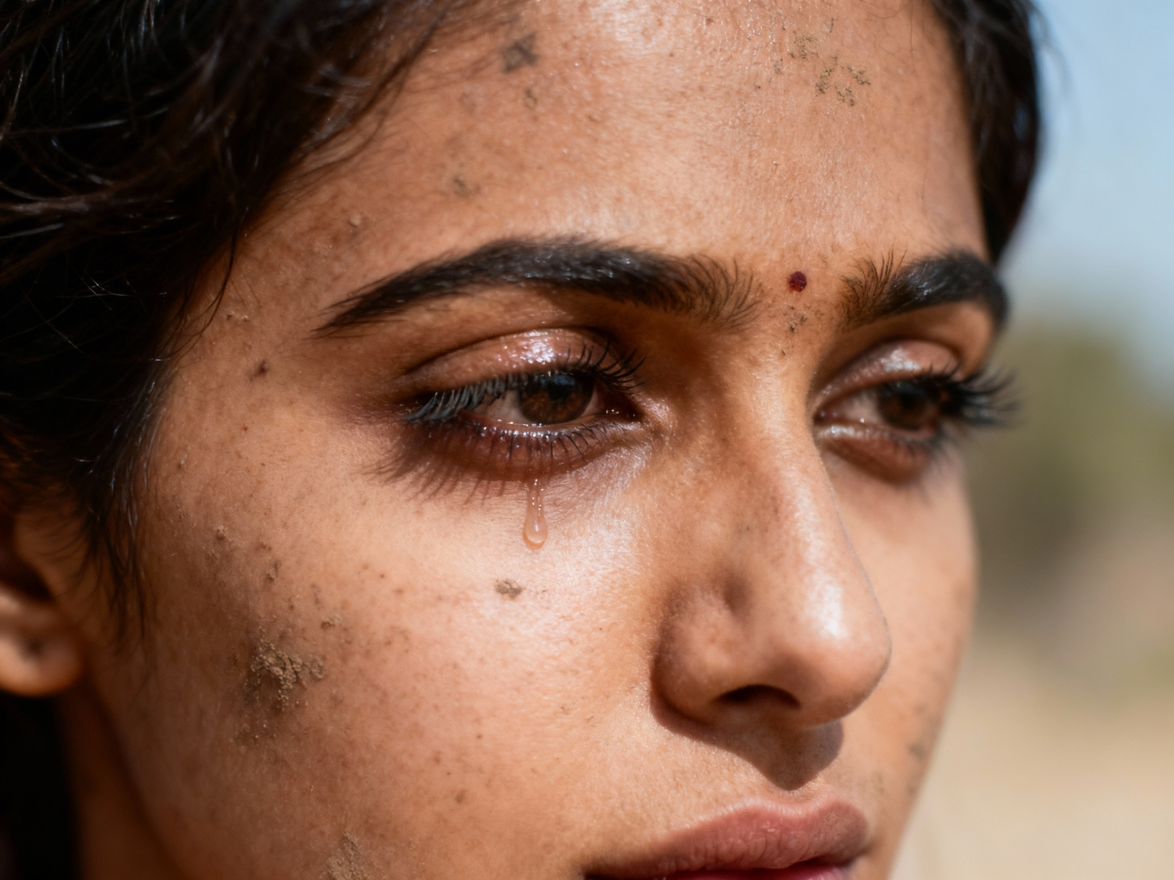 Expression d’un relâchement émotionnel profond chez une femme indienne.