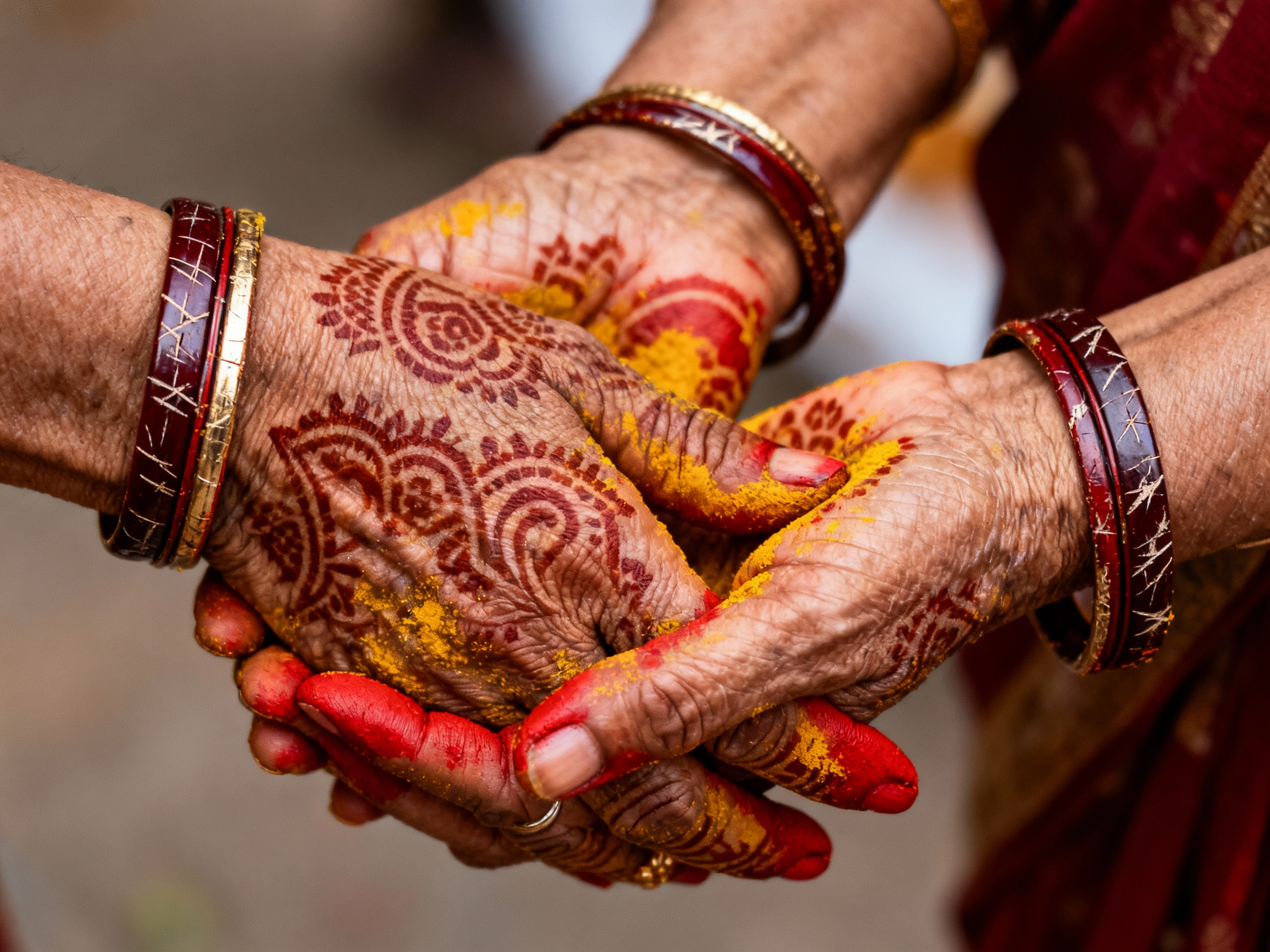 Deux mains de femmes âgées portant des bracelets rouges, décorées de mehndi et de poudre de couleur jaune et rouge, se tenant par une poignée.
