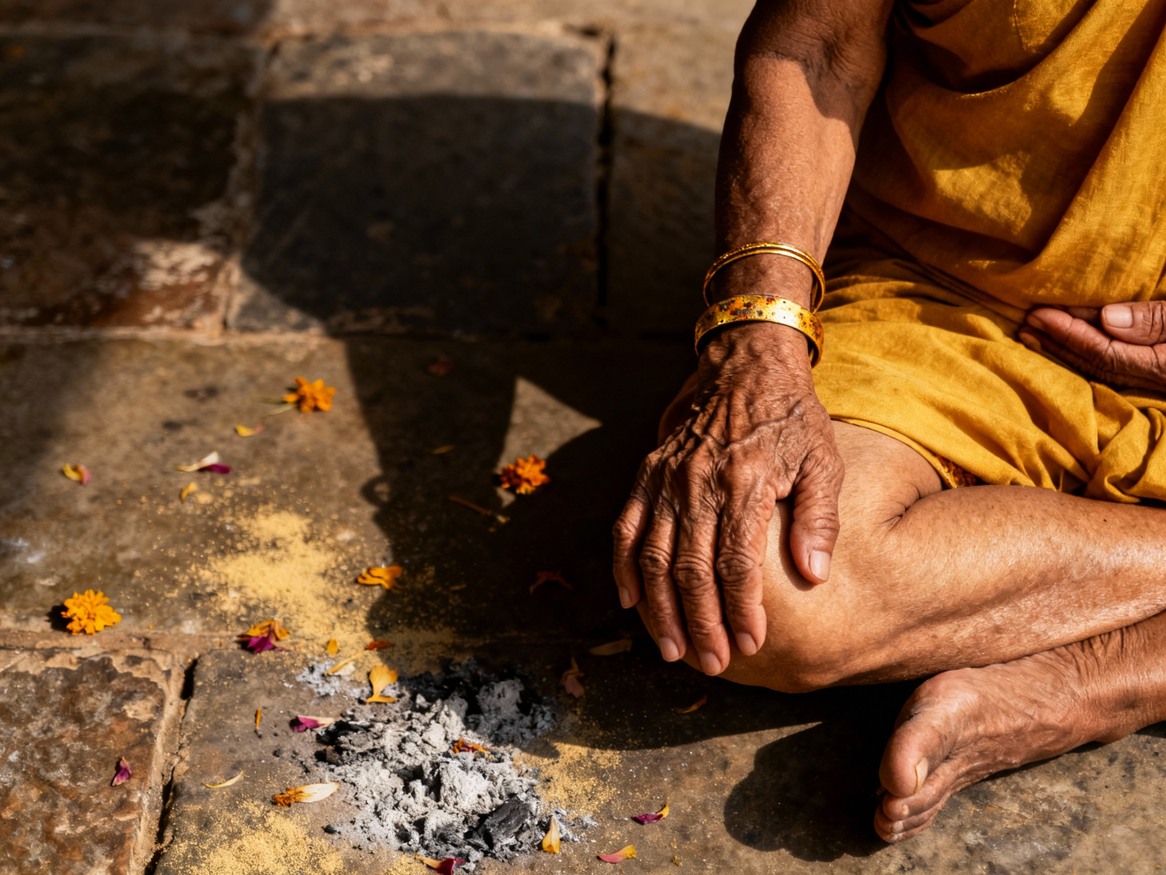 Une personne vêtue d'une robe jaune assise par terre, avec des bracelets dorés, une main touchant son genou. Devant elle, il y a de la poudre blanche, des fleurs jaunes et rouges, et des grains de sable sur un sol en pierre.