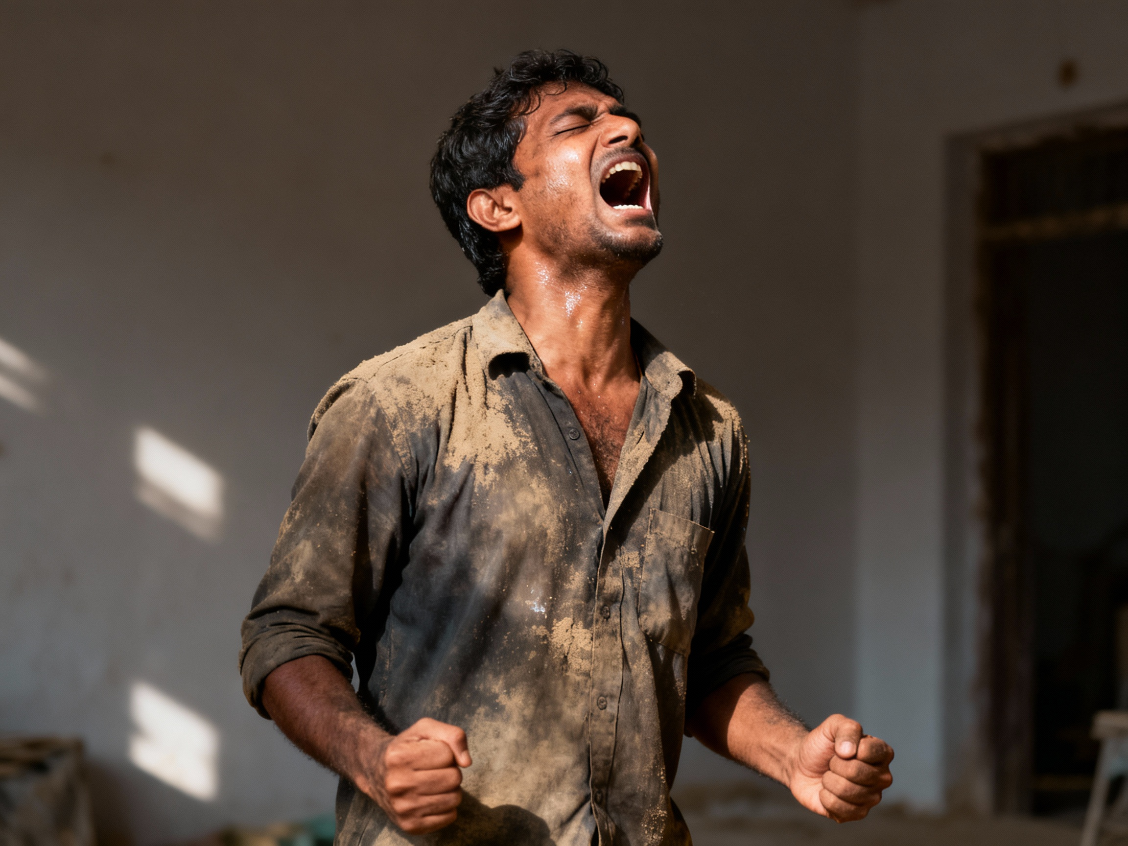 Un homme en chemise sale et poussiéreuse, l'air en colère ou en déchaînement, avec ses poings serrés.