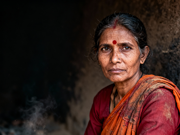 Femme âgée en sari orange, point rouge sur le front
