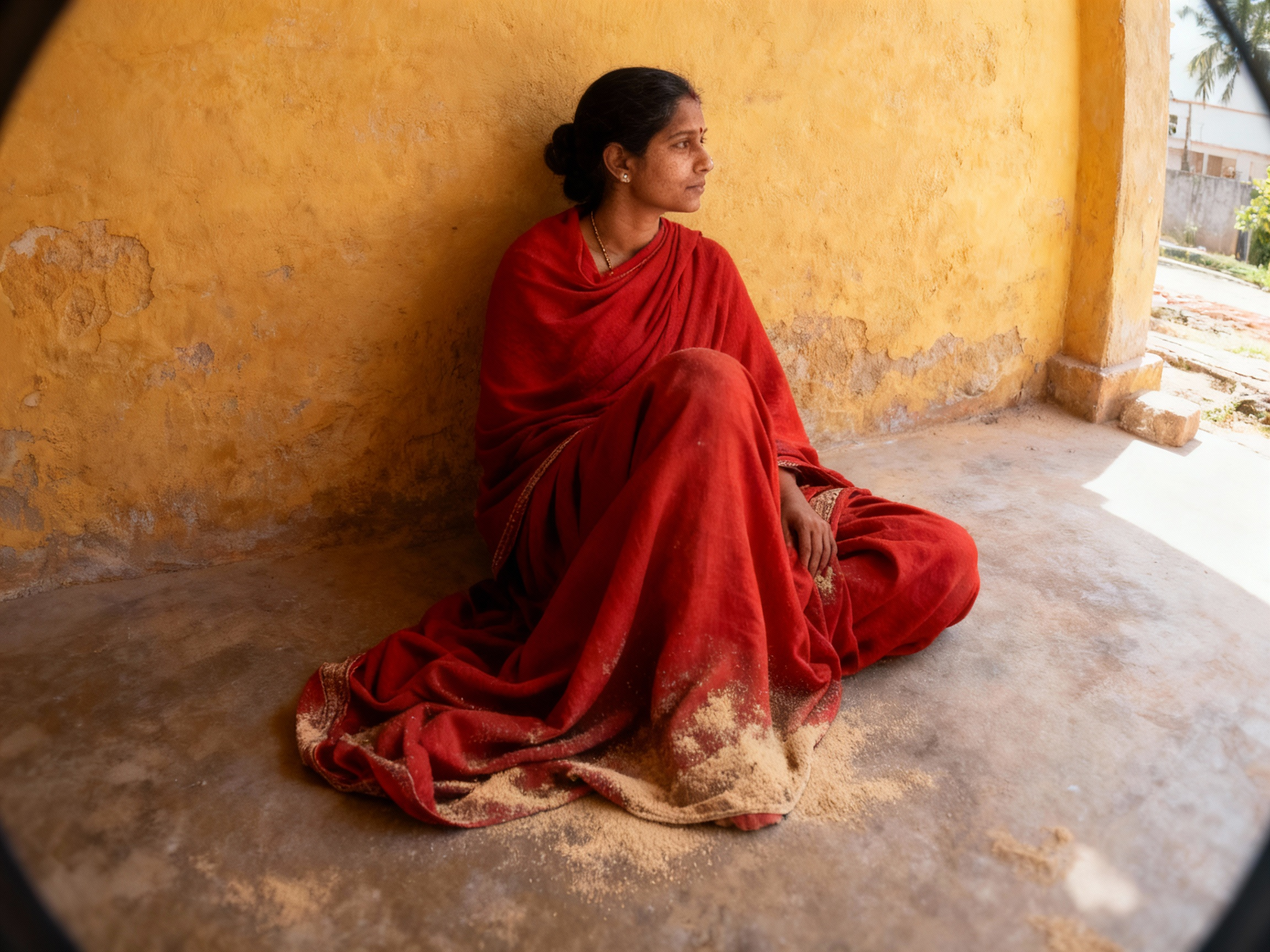 Femme assise par terre en sari rouge, regardant vers la droite, devant un mur jaune abîmé, poussière sur le sol.