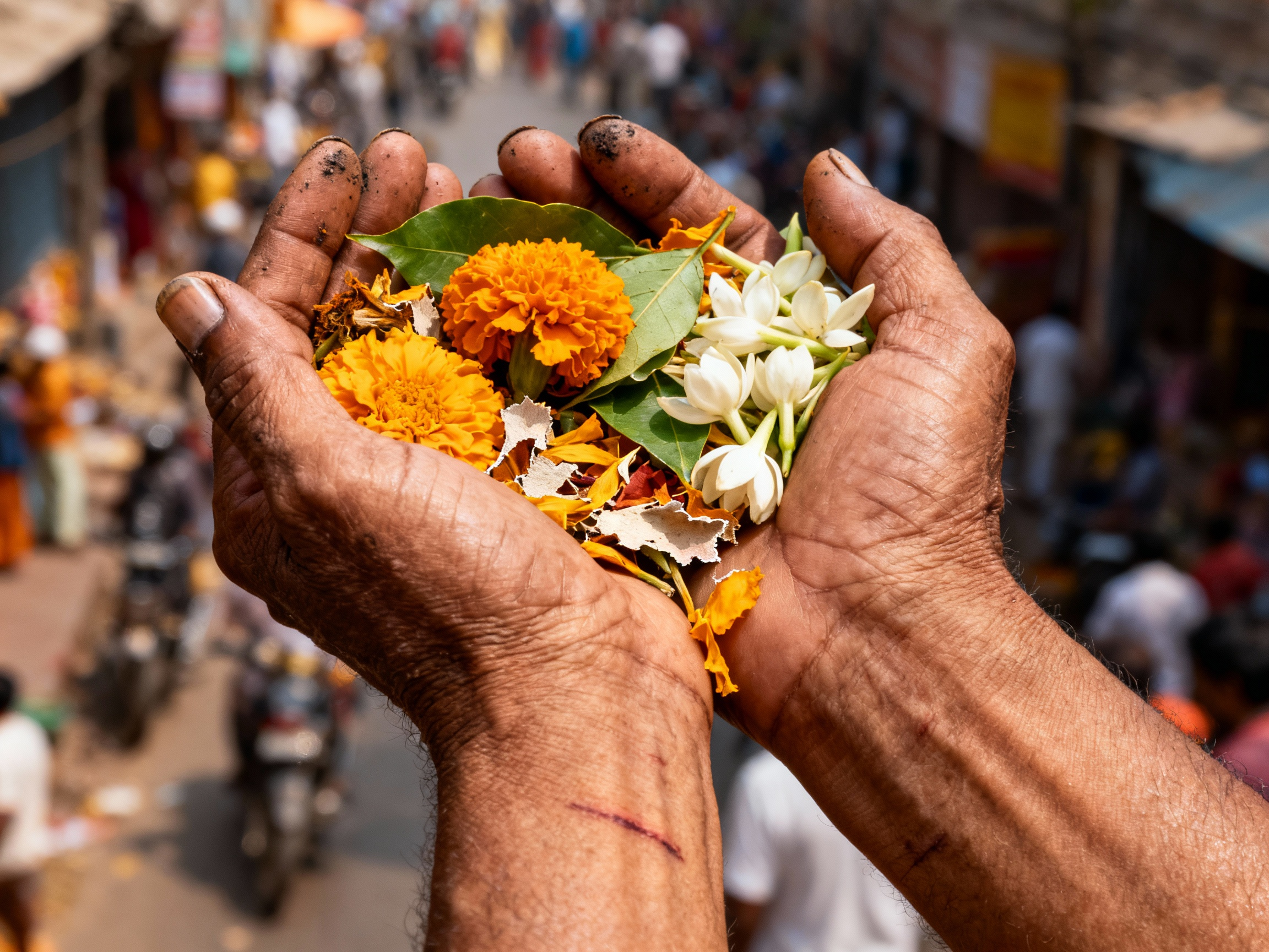 Mains calleuses tenant un cœur fait de fleurs colorées, dont des marigolds oranges, des fleurs blanches et des feuilles vertes, dans un marché animé en arrière-plan.