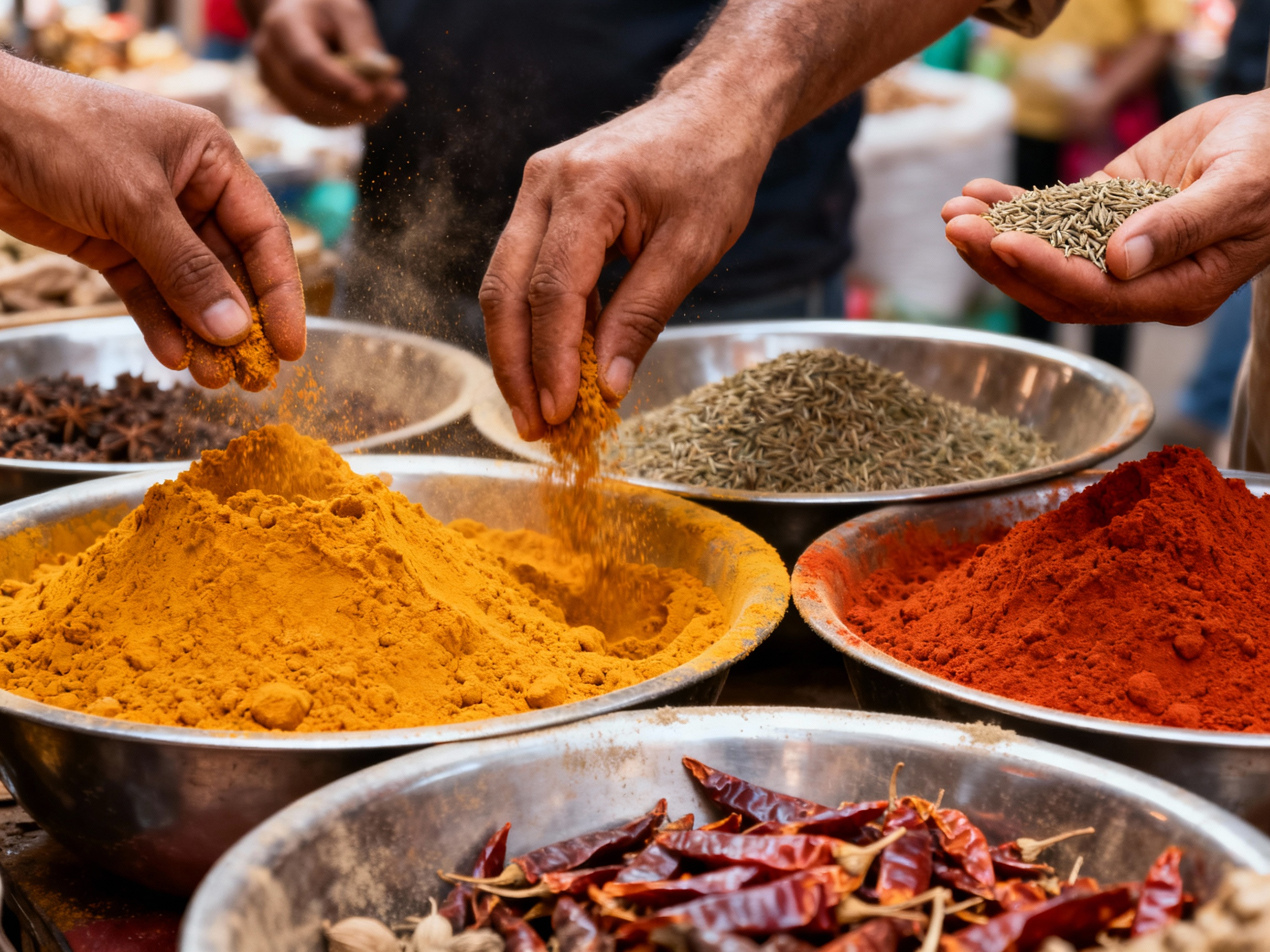 Différentes épices colorées en poudre et en graines exposées dans des récipients métalliques, avec des mains manipulant des épices, dans un marché.