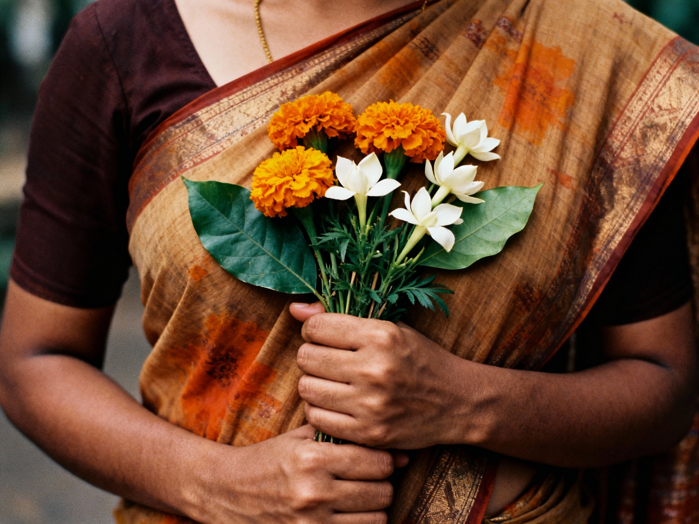 Femme en sarouel traditionnel indien tenant un bouquet de fleurs blanches et orange.