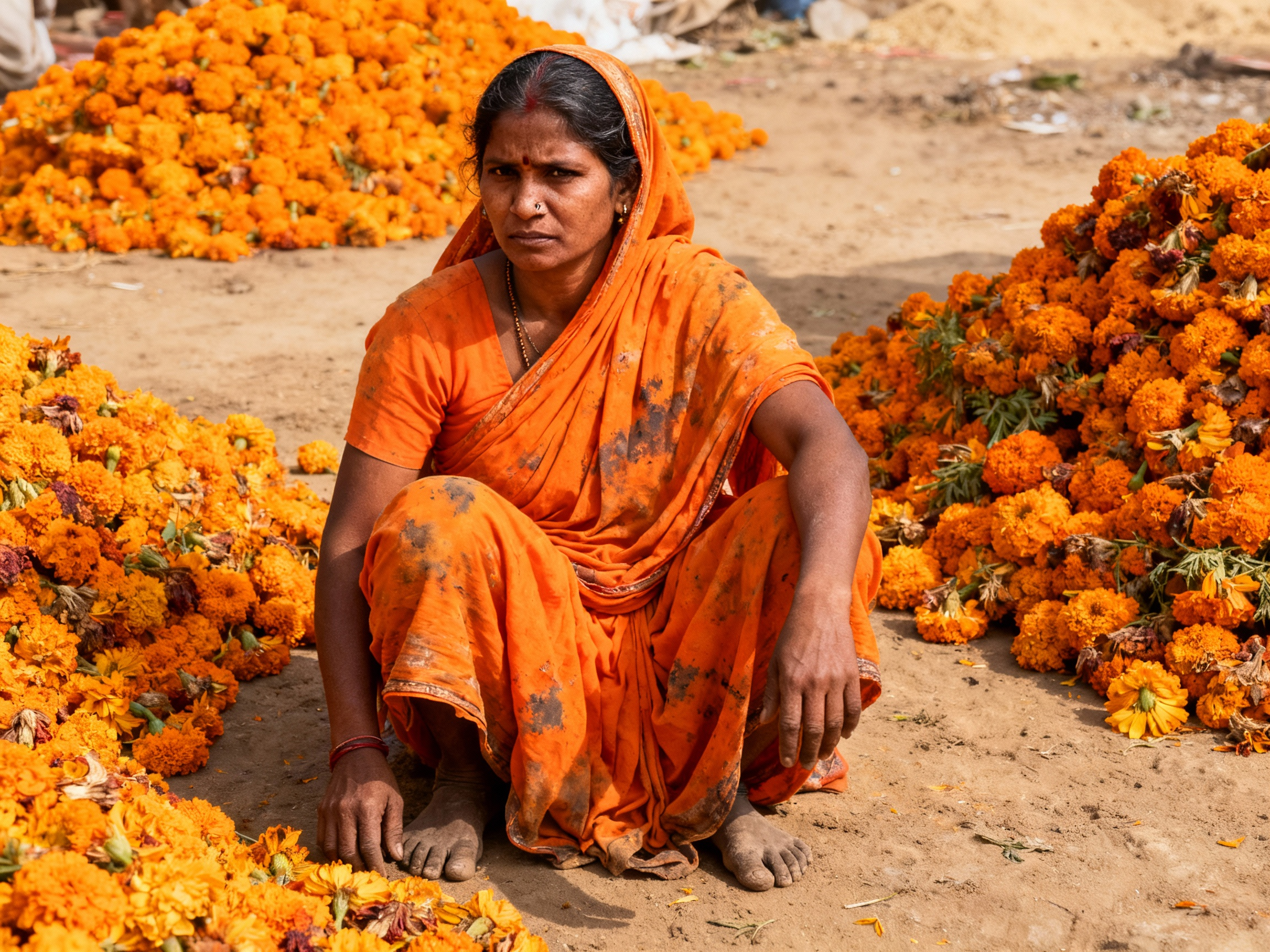 Femme indienne vêtue d'un sari orange, assise à côté de fleurs de marigold orange dans un marché extérieur.