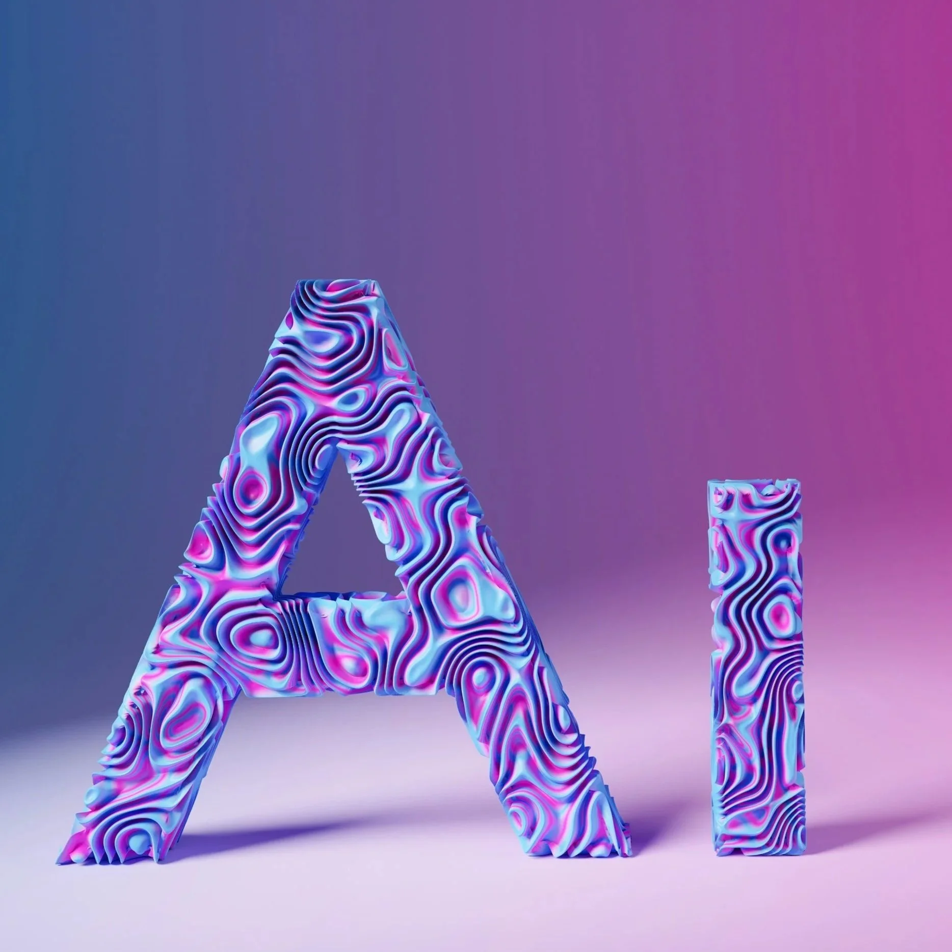 Kunstmatige letters 'A' en 'i' met een kleurrijk, golvend patroon en een gematigde schaduw op een lichte en paarse achtergrond.