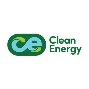 Logo of Clean Energy with a green circular arrow and the words 'Clean Energy' in green next to it.