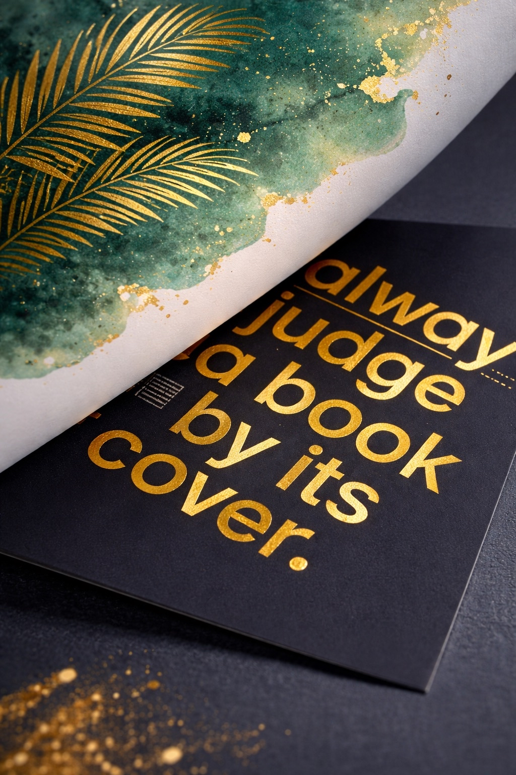 Close-up of a black card with gold text saying 'anyange' and 'a book by its cover' with a gold foil splash design beneath it, partly covered by a page with a green watercolor and gold leaf palm leaf illustration.