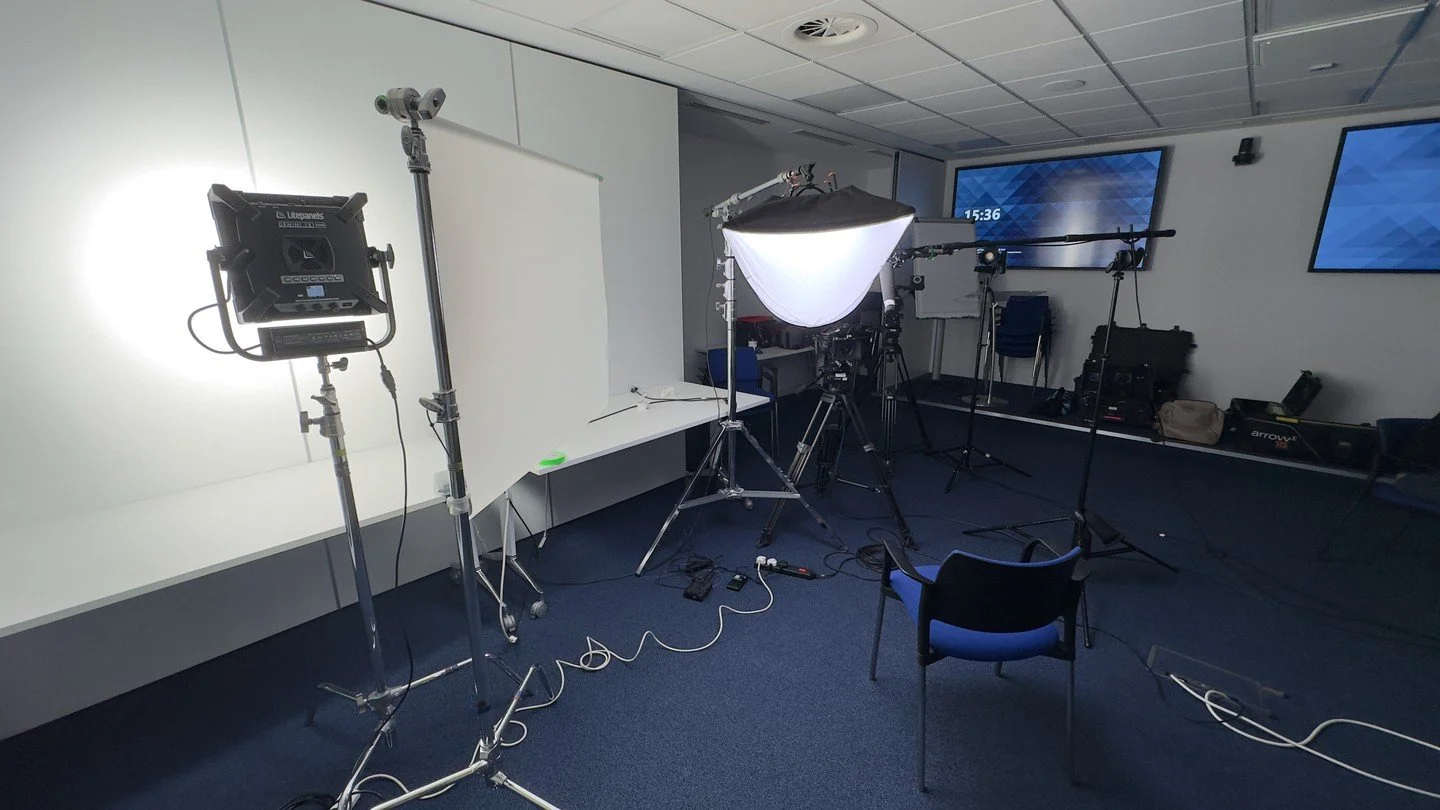 More BTS of a recent set up... last week I had 30mins to turn a small and rather bland conference/seminar space that was being used right up until the time I could enter into a backdrop for "cool" looking interviews for a corporate client.

