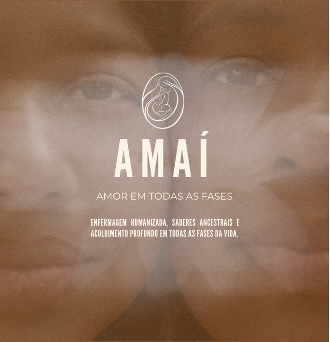 A promotional image with a faint face of a woman and a baby, featuring a logo of a woman holding a child, and text in Portuguese promoting love in all phases, emphasizing compassionate caregiving and deep understanding.