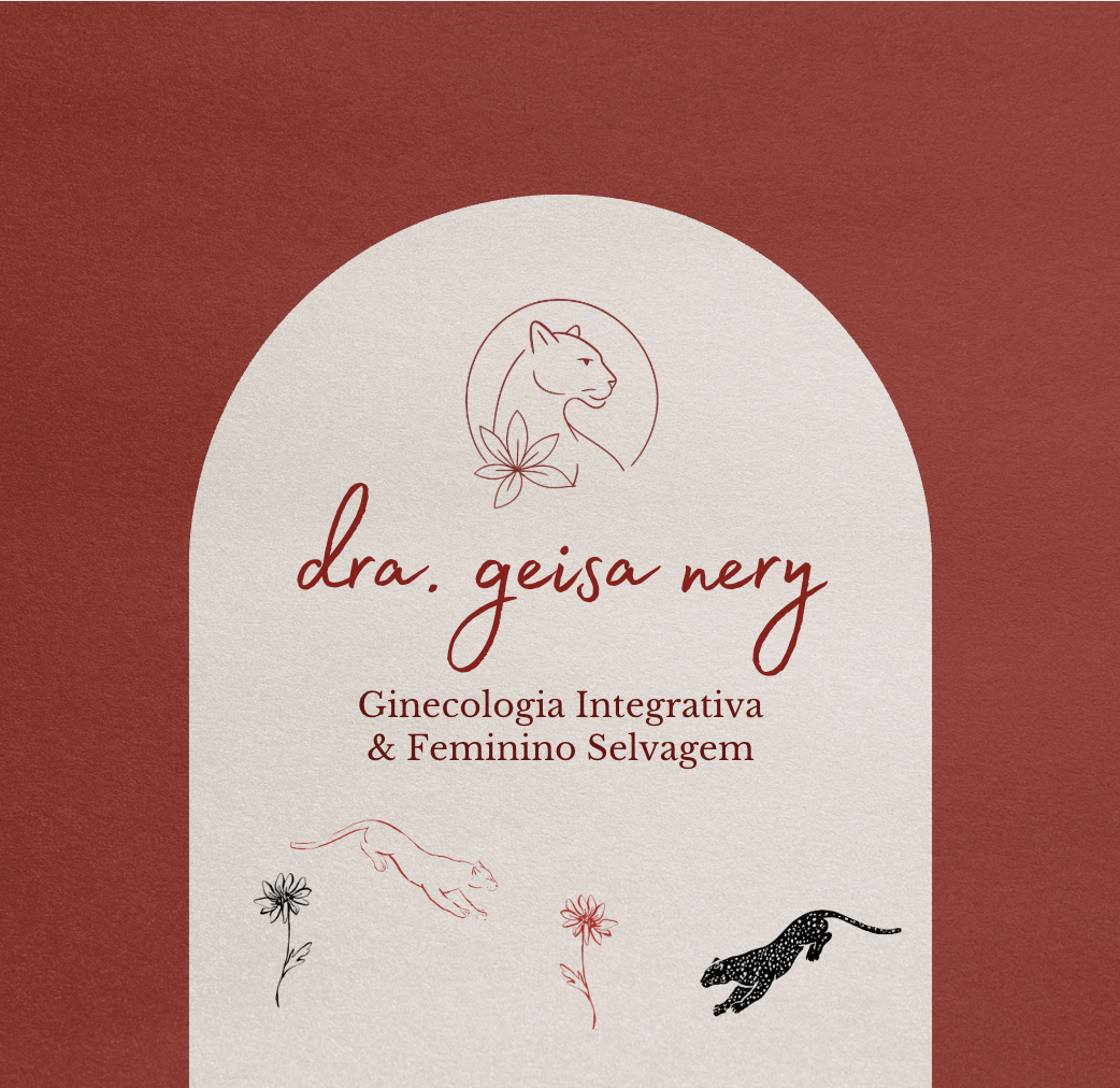 Business card for Dr. Geisa Nery, specializing in integrative gynecology and女性 health, with illustrations of a cat, a leopard, flowers, and a woman’s profile logo on a red and beige background.