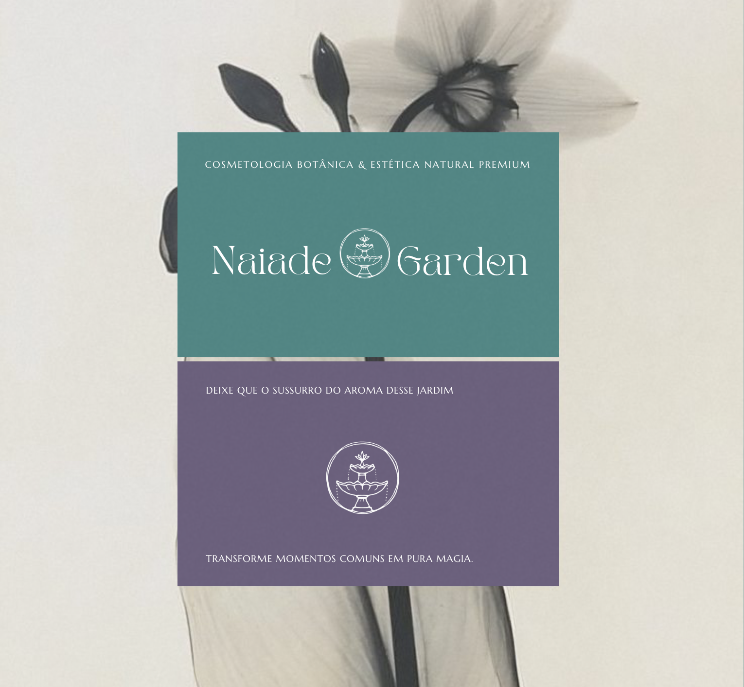 A product label for Naiade Garden, featuring text in Portuguese, with a teal and purple background, displaying a logo with a water fountain and decorative elements, and a background of dried botanical flowers.