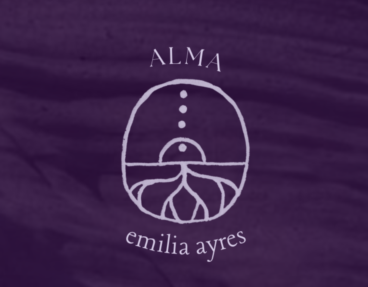 A purple background with a white line drawing of a tree-like structure enclosed in an oval, with the words "ALMA" above and "emilia ayres" below.