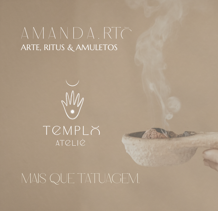 A promotional poster for Amanda RTC, an art and ritual shop. The poster features a hand holding a stone bowl with burning incense or sage, creating smoke. The background is beige with white text and minimalist graphics, including a hand with an eye on the palm and a crescent moon.