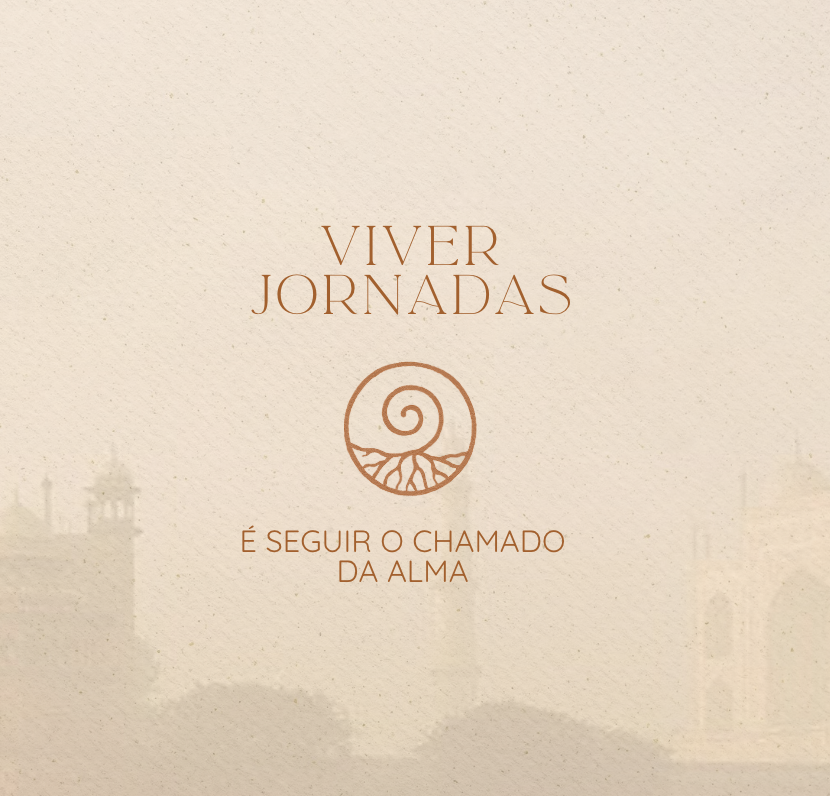 Book cover with the title "Viver Jornadas" and the subtitle "É Seguir o Chamado da Alma" in Portuguese, featuring a minimalist spiral and landscape logo on a textured beige background.