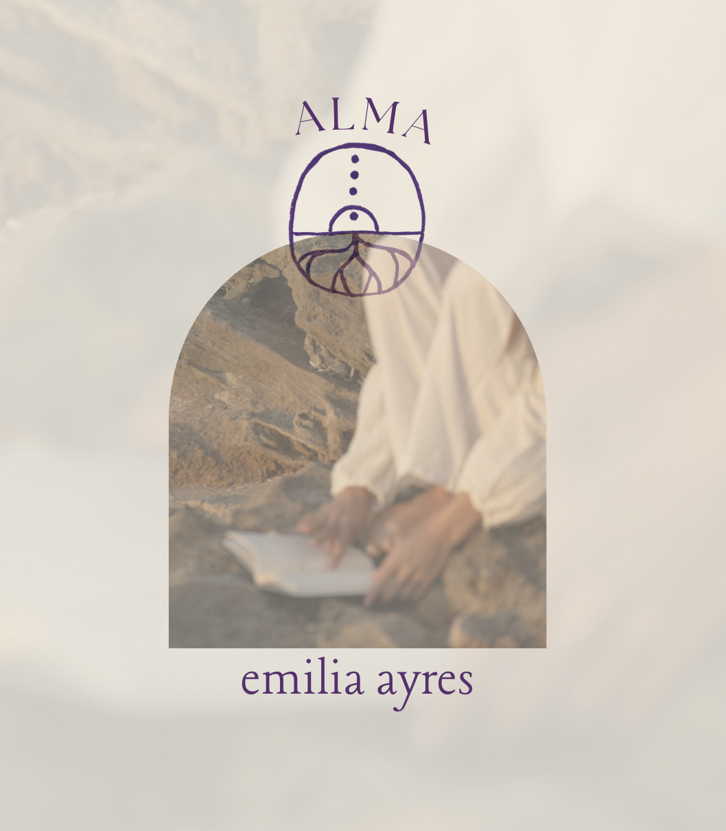 Book cover titled "ALMA" by Emilia Ayres, featuring a person in a white shirt reading a book outdoors, with a mountain landscape background and a purple hand-drawn compass at the top.