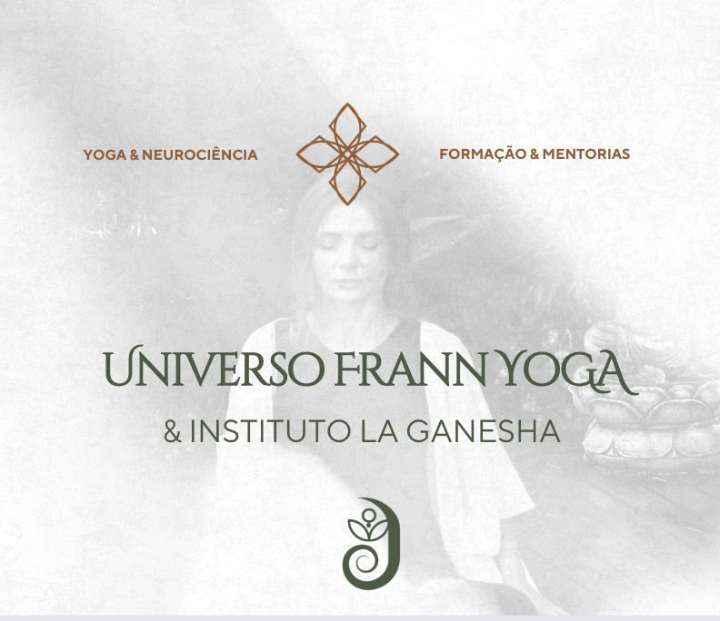Text and logo on a website for Universo Franny Yoga and Instituto La Ganesha, with a faded background image of a woman meditating and a Buddha statue.
