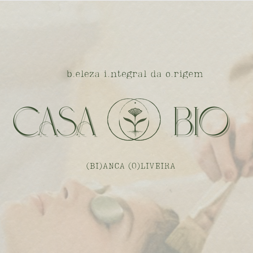 A logo design with the words "Casa Bio" in stylish font, a small flower inside a circle in the center, and the phrase "beleza integral da origem" above. The name "Bianca Oliveira" appears at the bottom.