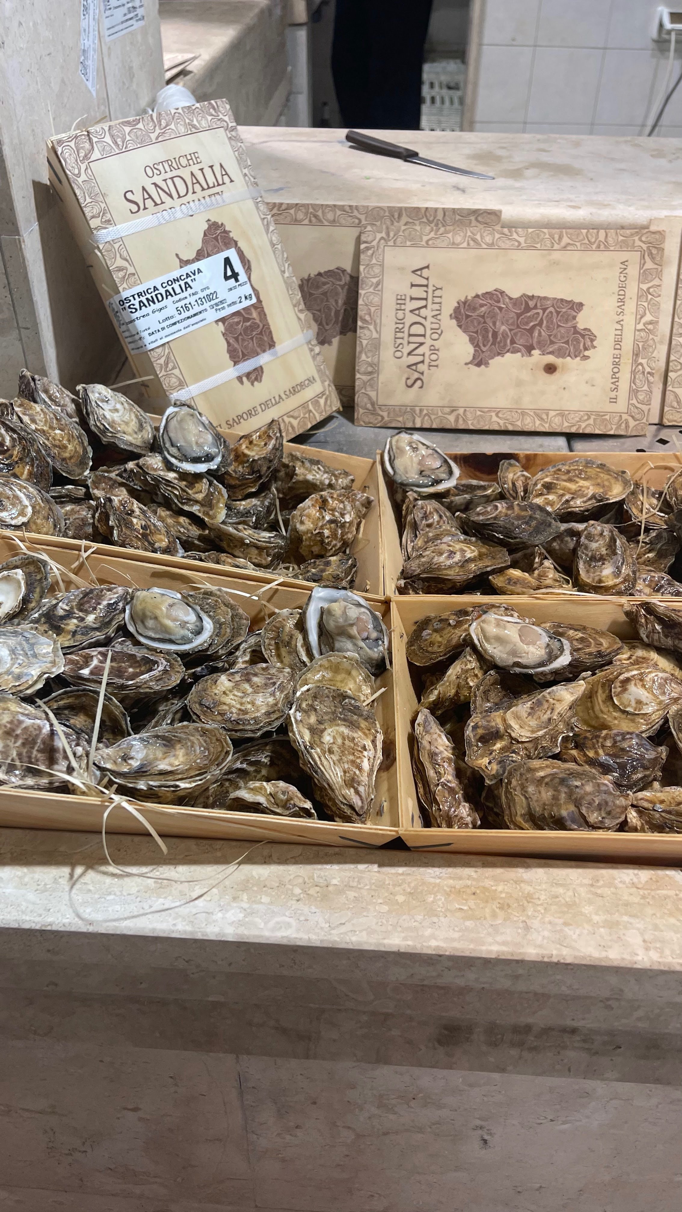 Open baskets of fresh oysters on display at a seafood market, with signs indicating they are from Sardinia.