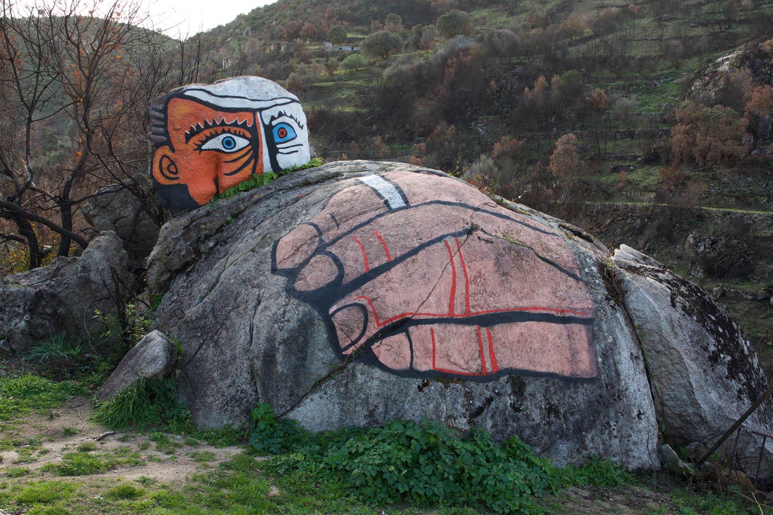 Large boulder with street art of a human face and hand, painted with bold black outlines and vibrant colors, set in a hilly landscape of Sardinia with trees and terraced fields.