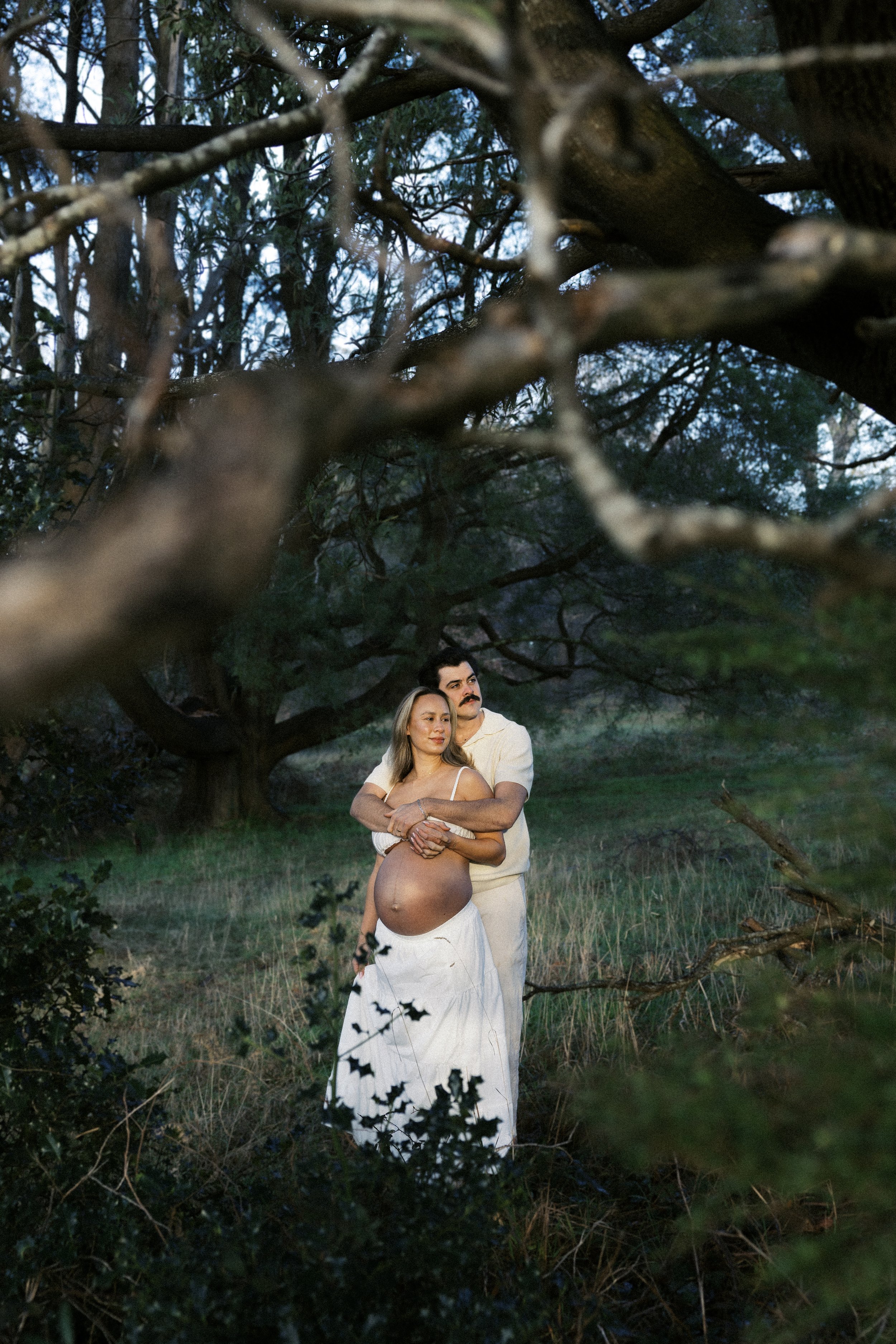 A pregnant woman and a man stand close together in a wooded area, with trees and grass around them, during dusk or dawn.