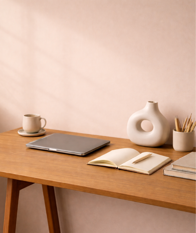 Wooden desk with a closed laptop, an open notebook with a pen, a stack of books, a beige cup with a saucer, a decorative white vase, and a container holding pencils against a light pink wall.