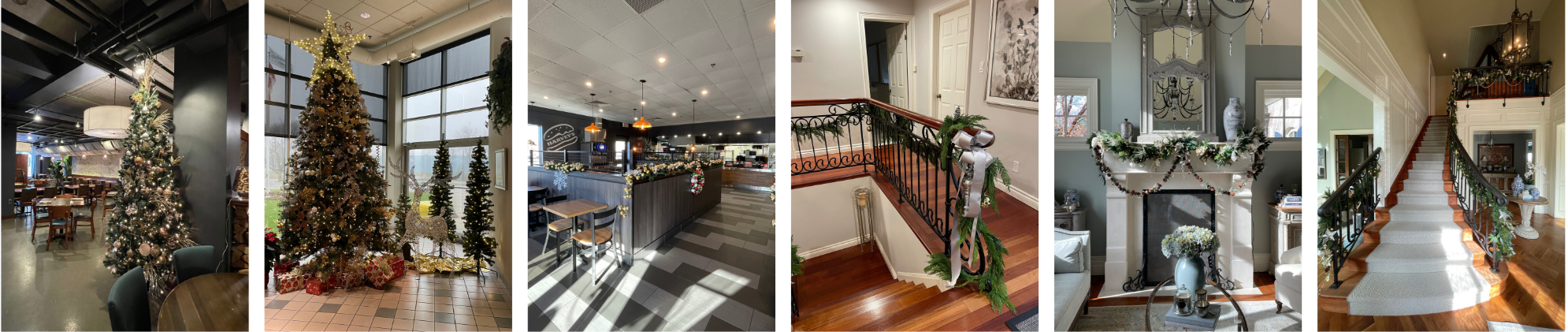 Various interior scenes decorated for Christmas, including Christmas trees, a fireplace with garland, staircase with holiday decorations, and a festive restaurant or cafe.  Custom decorating services by Fleuristic.