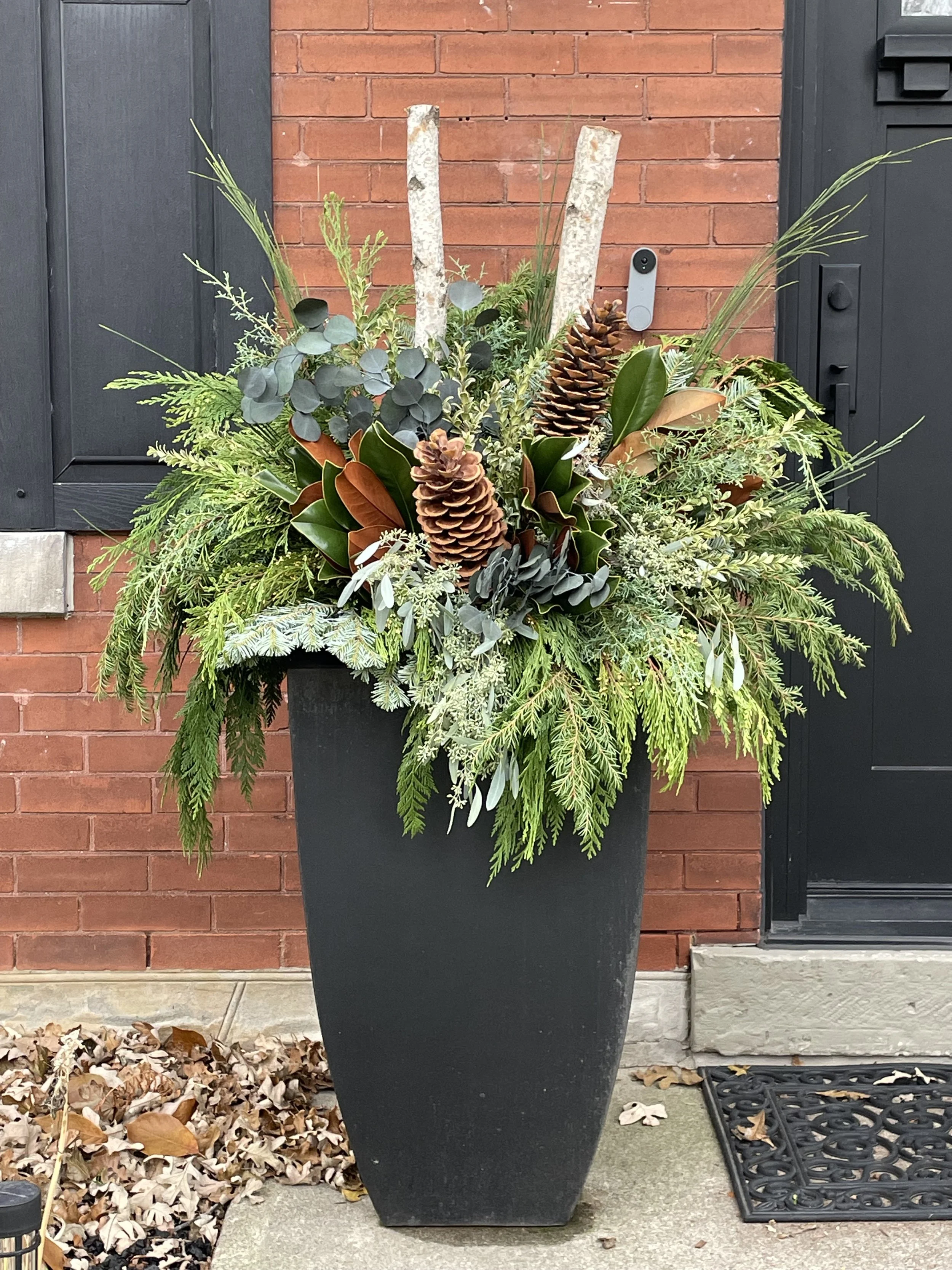A large black flowerpot with a festive evergreen arrangement, including pinecones, eucalyptus leaves, magnolia leaves, and a couple of birch branches, perfect for your front porch. Created by Fleuristic.