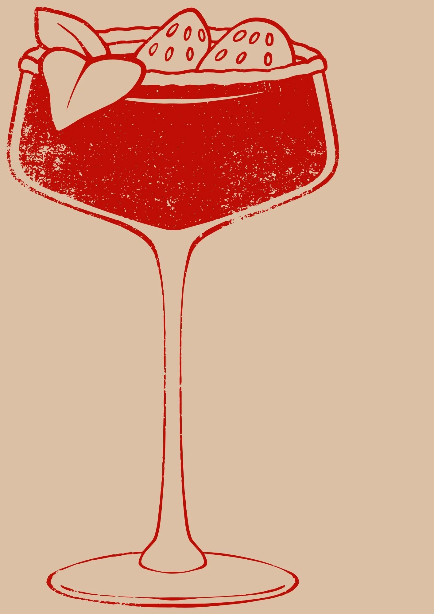 Line drawing of a cocktail glass filled with a beverage, garnished with strawberry slices and a leaf.