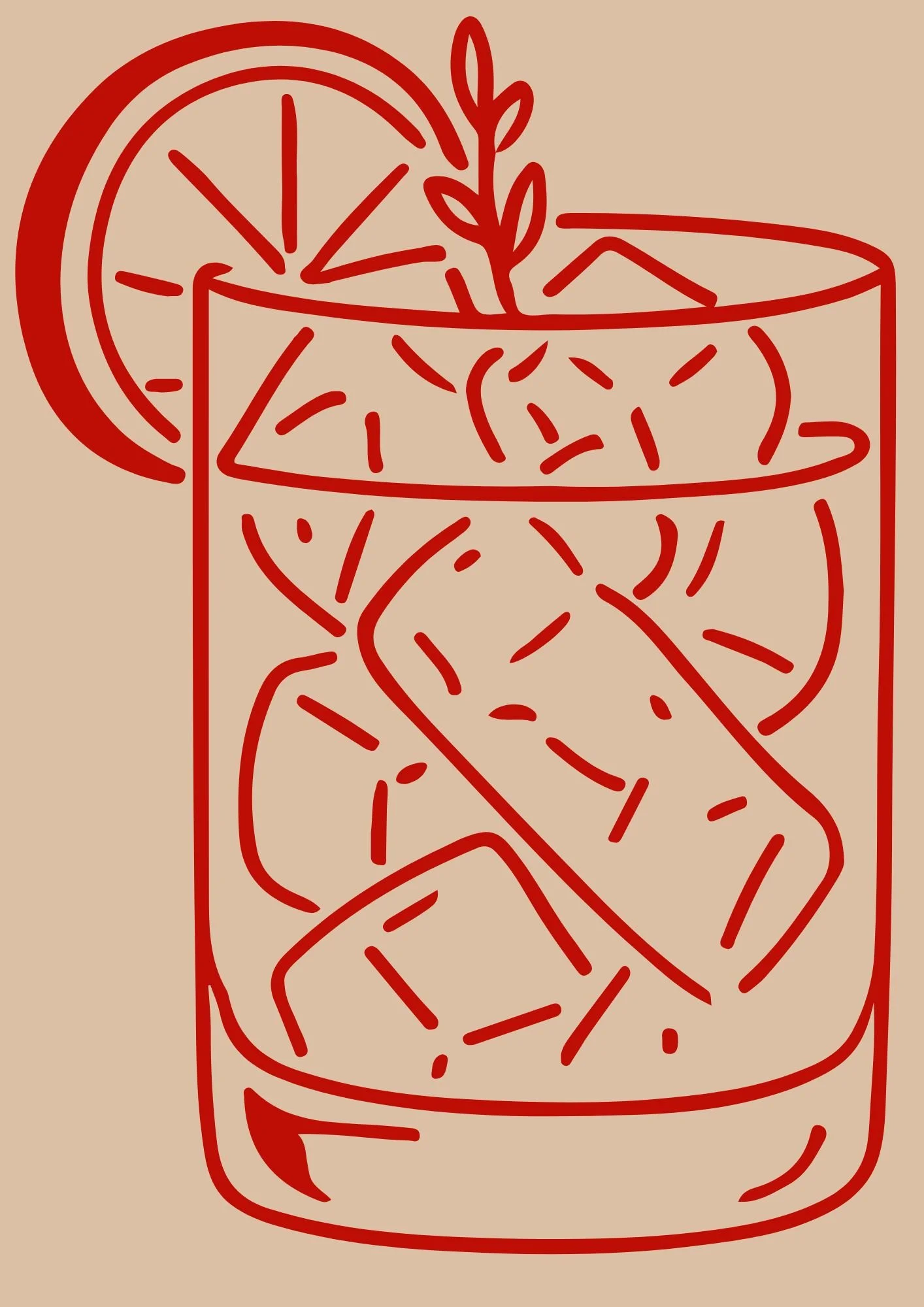 Line drawing of a glass with ice cubes, a slice of lemon, and a sprig of mint or basil.