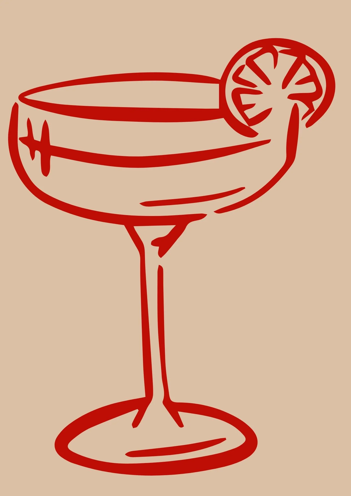 Digital illustration of a cocktail glass with a slice of lemon or lime on the rim, shown in red outlines on a beige background.