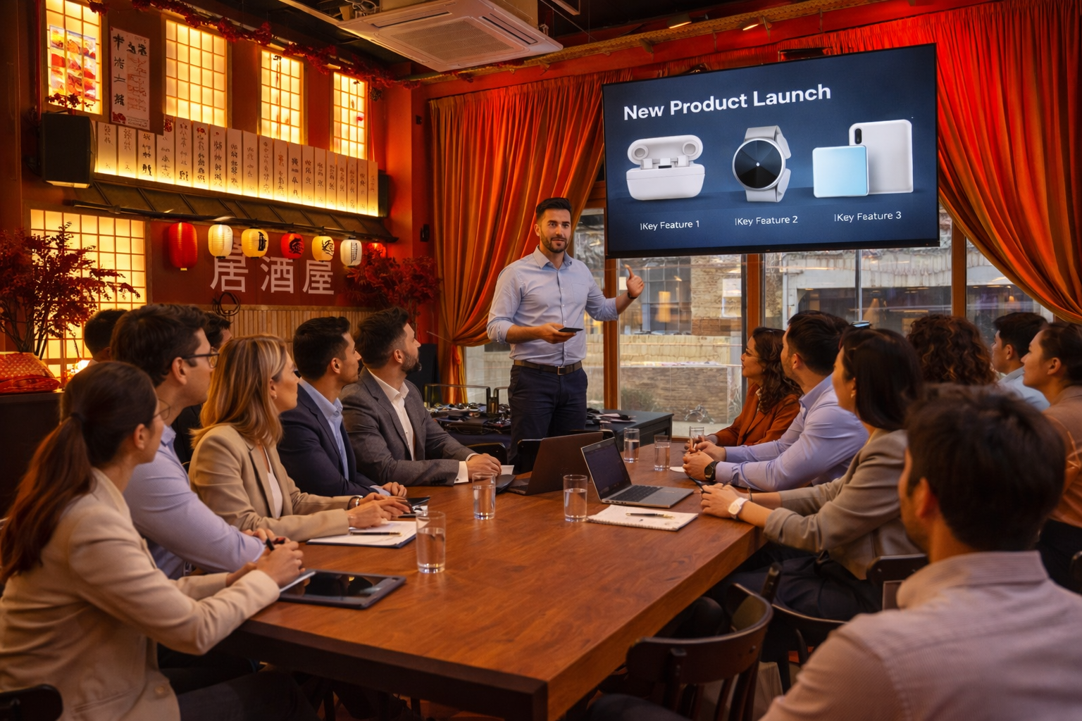 A man giving a presentation on a new product launch to a group of professionals in a restaurant or cafe with Asian decor, including red lanterns, Japanese-style curtains, and signs with Asian characters. The presentation slide shows images of three tech gadgets labeled as key features.