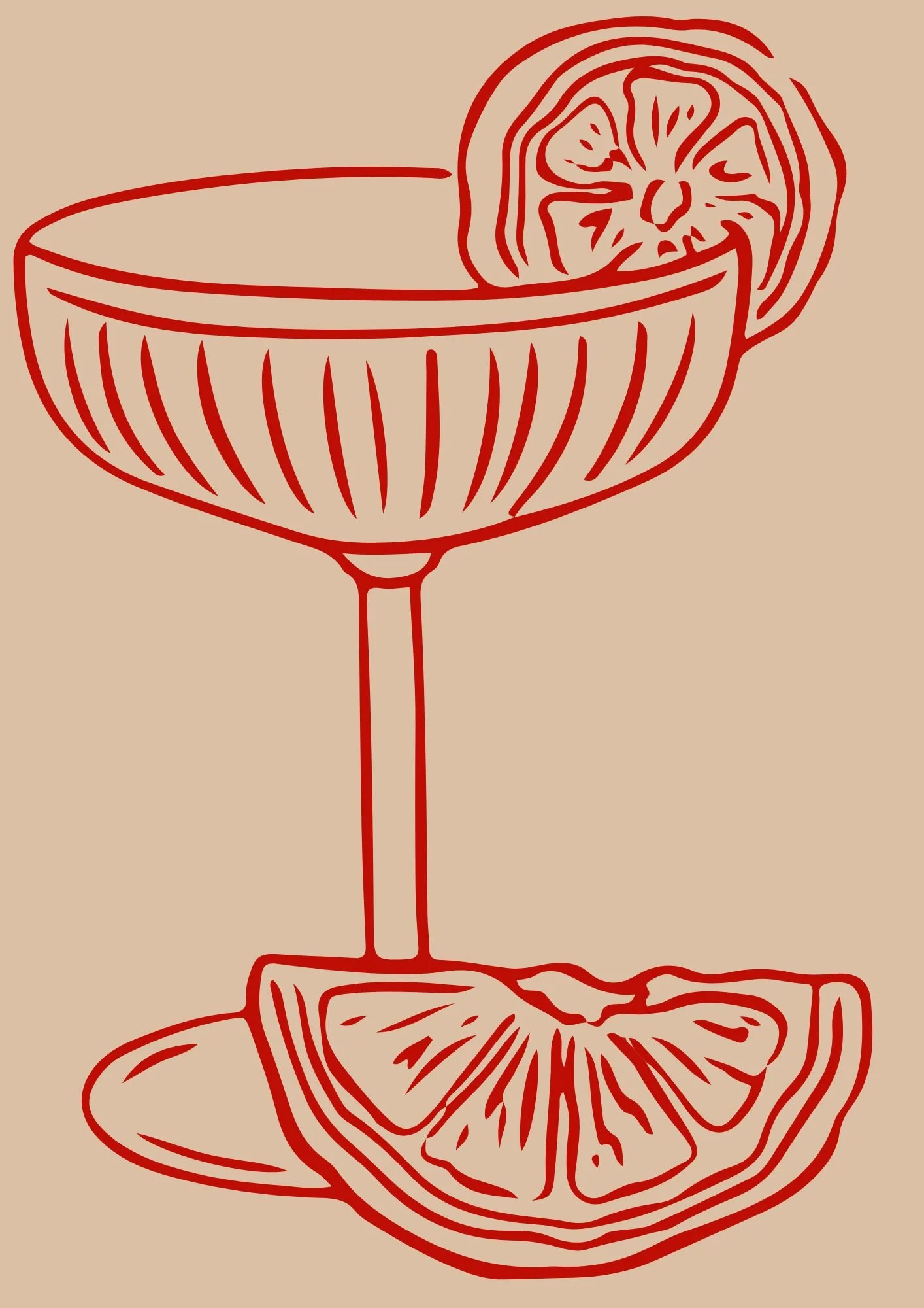 Line drawing of a cocktail glass with a lemon slice garnish, with a lemon wedge resting on the base of the glass.
