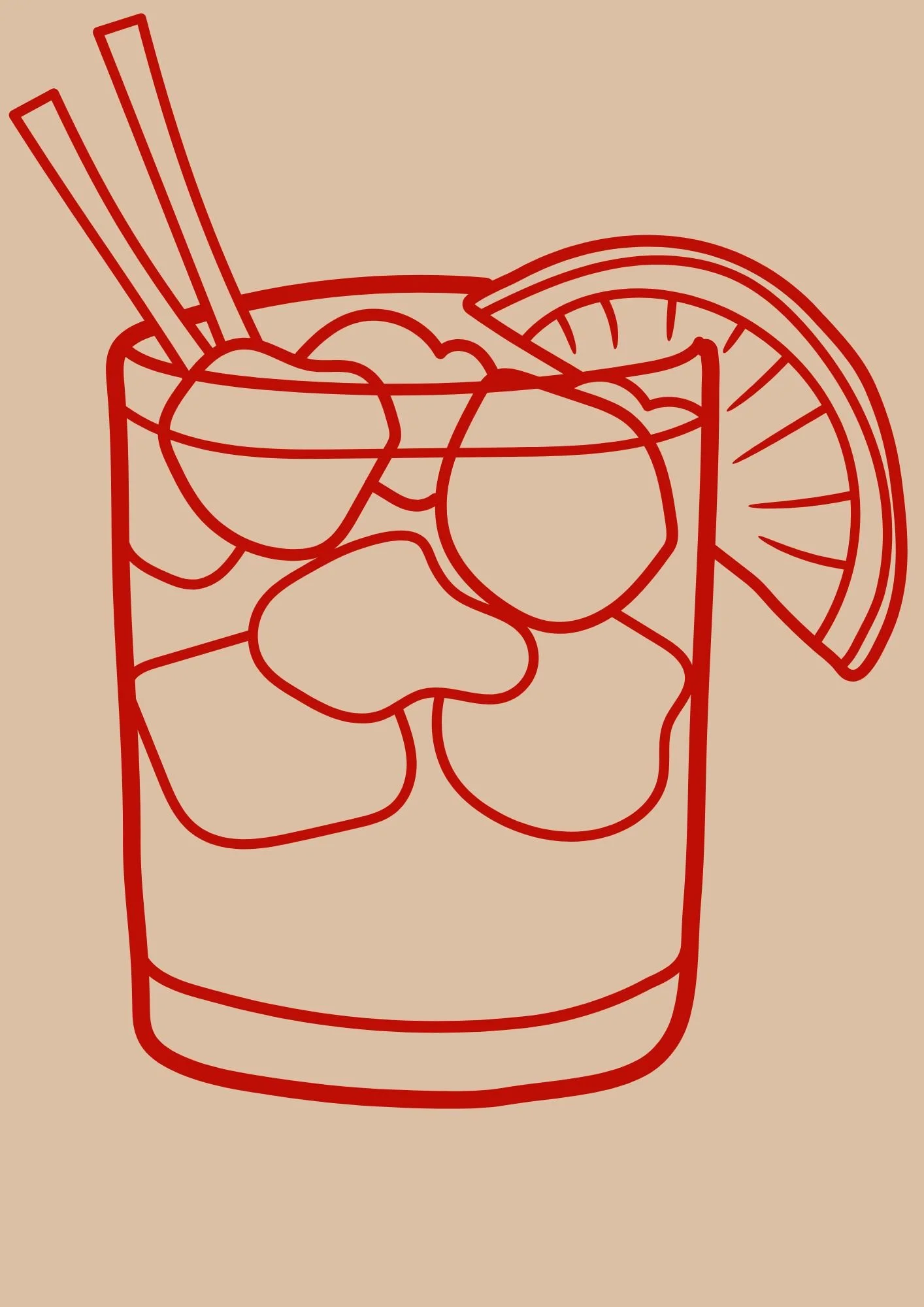 Line drawing of a glass of lemonade with ice, a lemon wedge, and two straws.