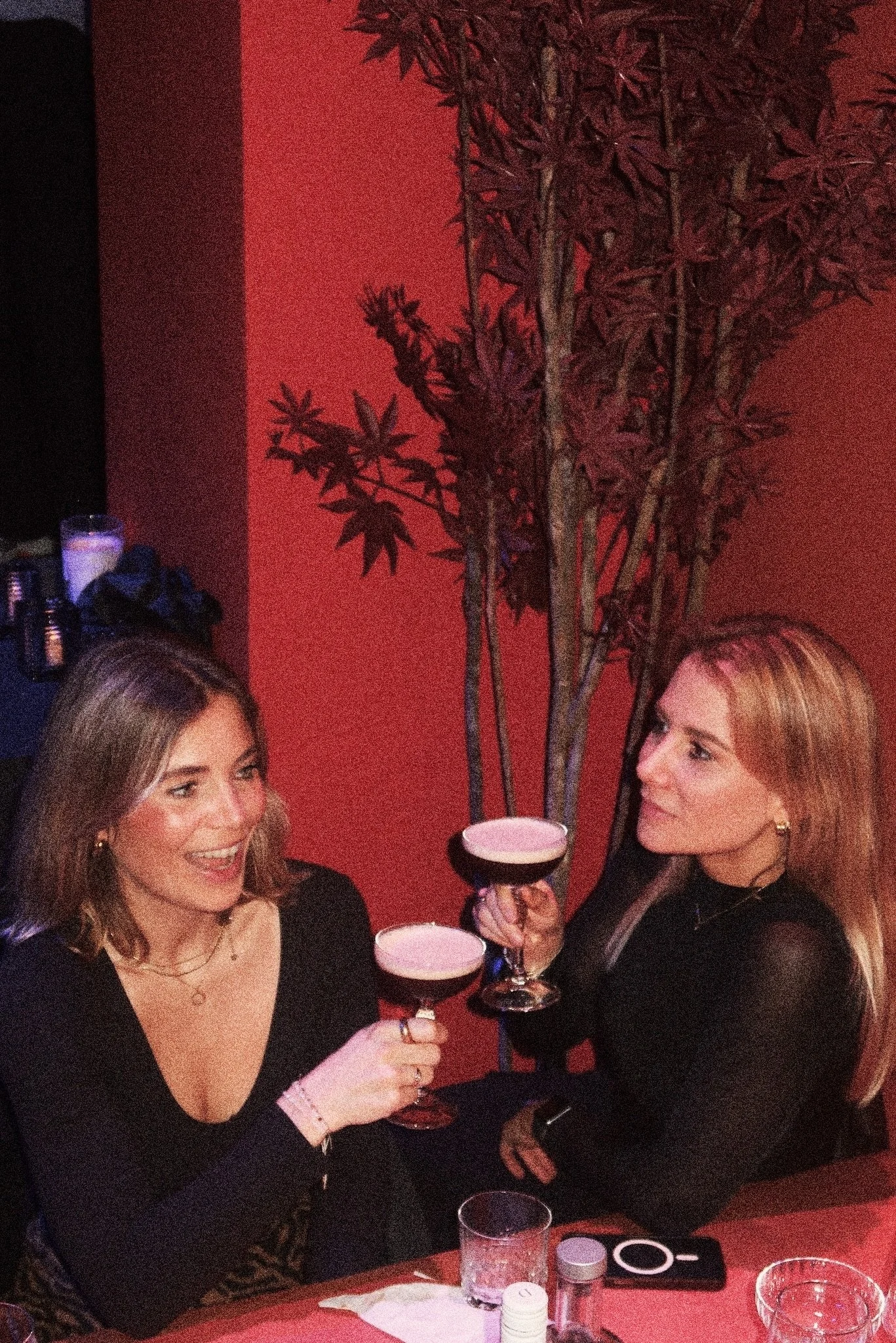 Two women sitting at a table in a dimly lit room, each holding a cocktail glass filled with a pink drink, engaged in conversation.