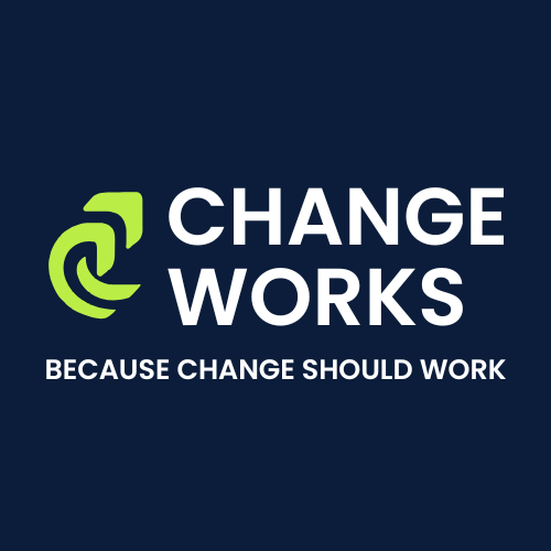 Logo with a green swirl and arrow, and the words 'Change Works' with the slogan 'Because Change Should Work' on a dark blue background.