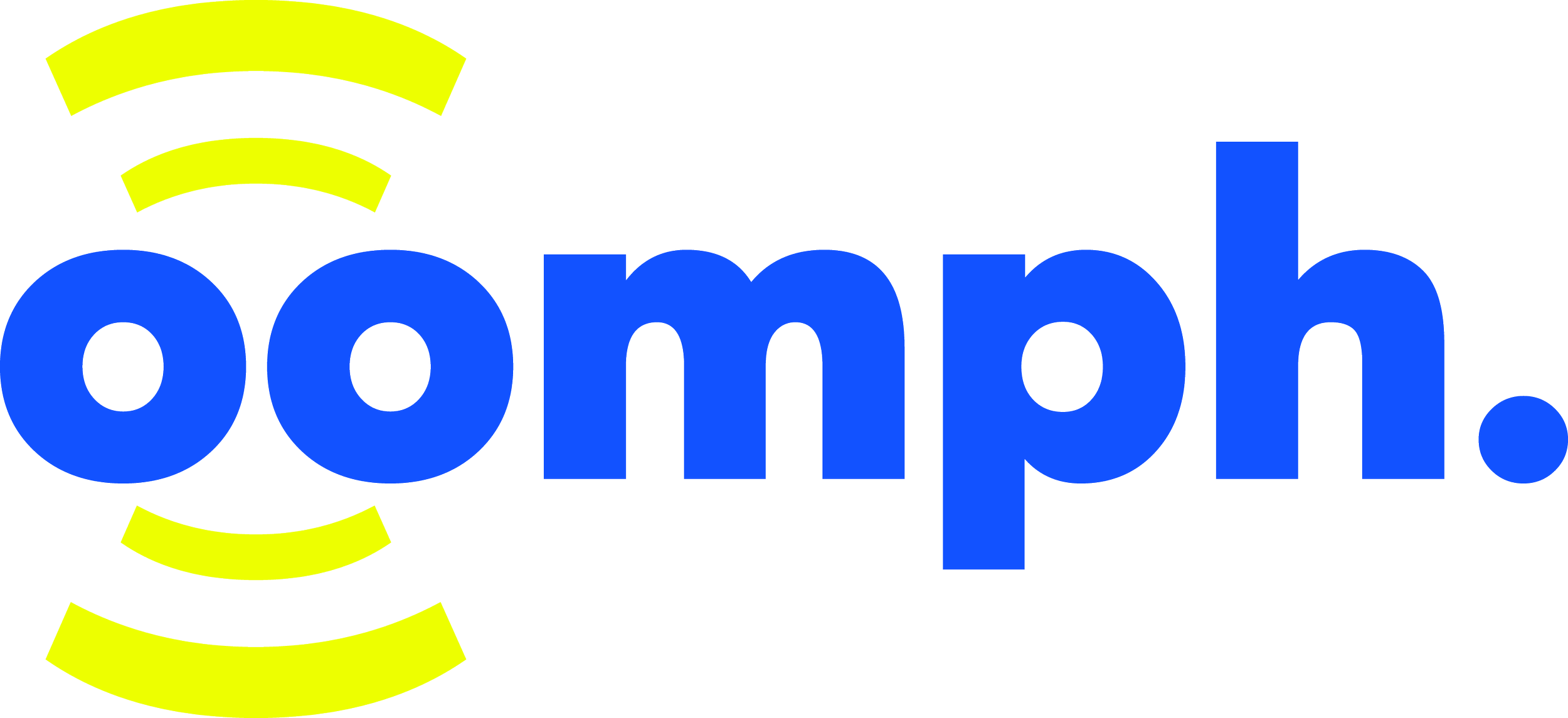 The logo of Oomph! features the word "oomph" in bold blue lowercase letters with three yellow curved lines above the letter "o" resembling a sound wave or signal.