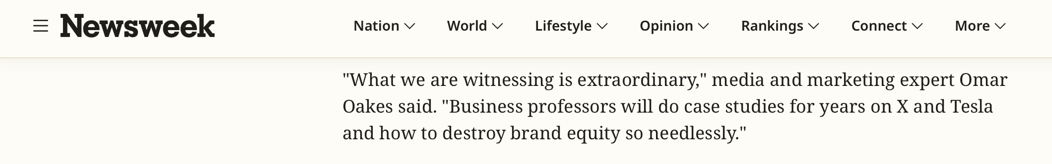 Screenshot of a Newsweek webpage featuring a quote about media and marketing expert Omar Oakes discussing business case studies on Tesla and brand equity.