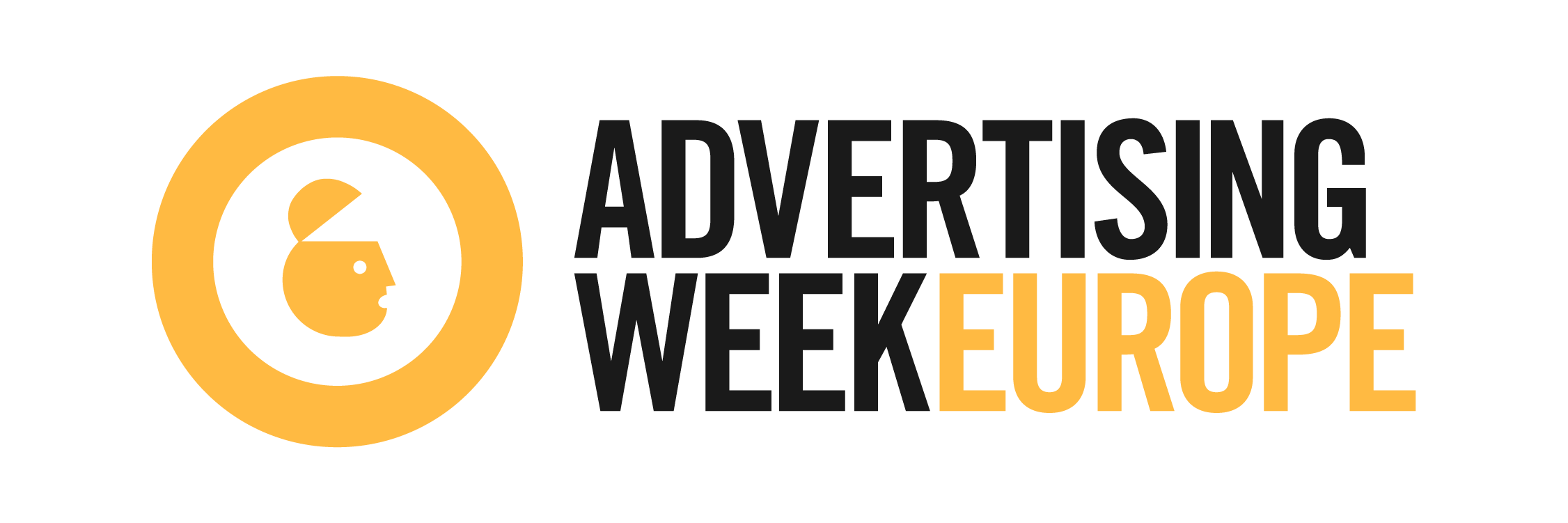 Logo of Advertising Week Europe, featuring a stylized profile of a person's head with a yellow circular background and the event name in black and yellow text.