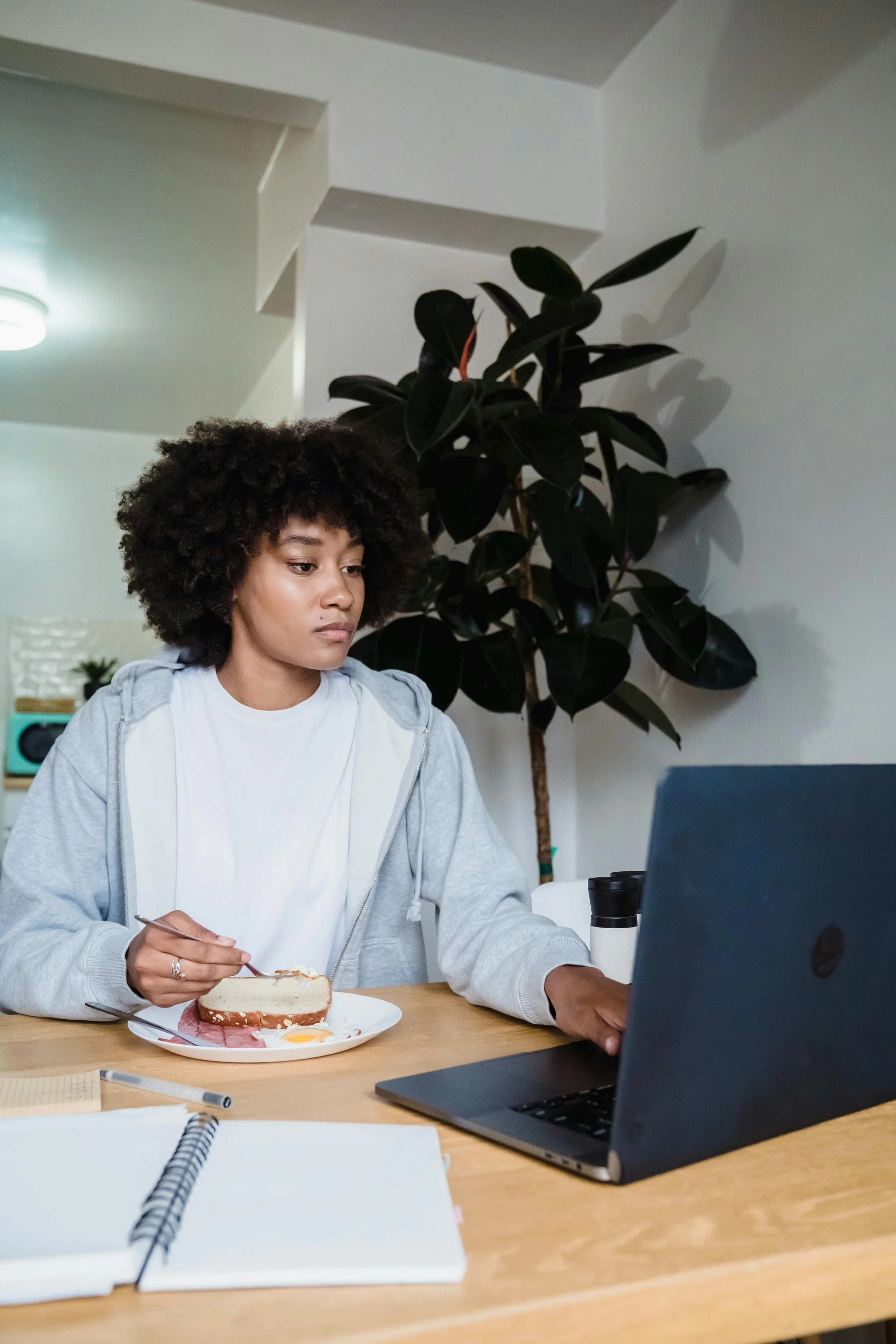 A woman with curly hair wearing a white t-shirt and gray hoodie sitting at a wooden table looking at her laptop, with a plate of food and notebooks nearby, in a room with a large plant and kitchen in the background.
