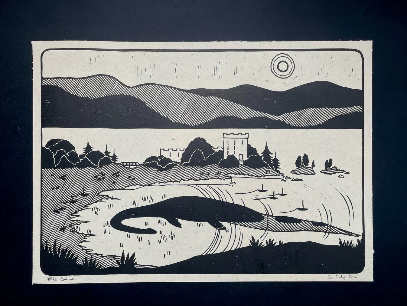 A Linocut print of Nessie by Pickled Pennies Prints