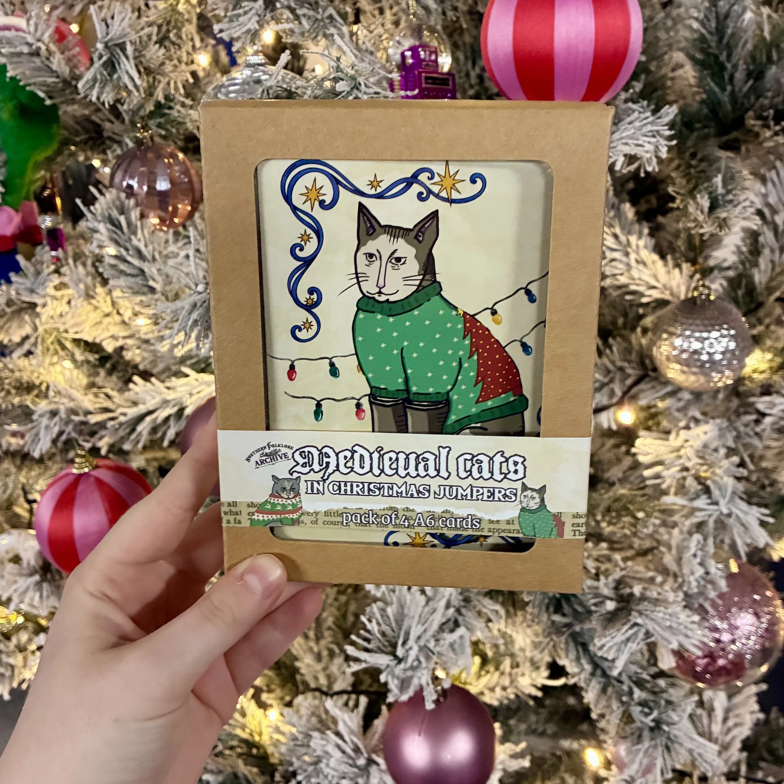 'Medieval Cats in Christmas Jumpers' Pack of 4 Cards