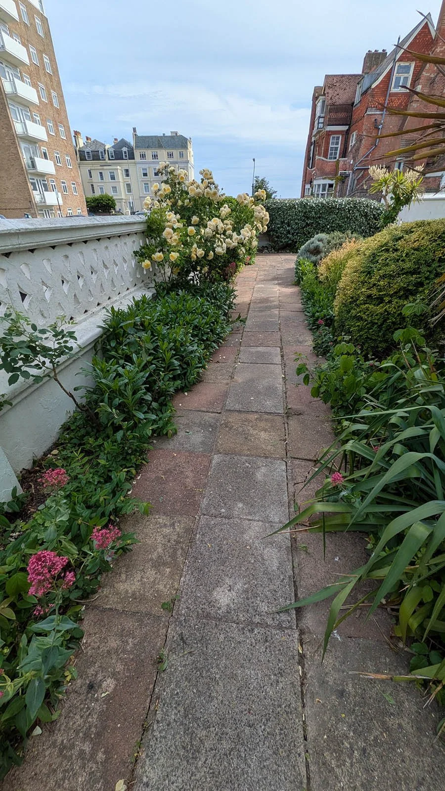 Neat paving, roses and shrubs