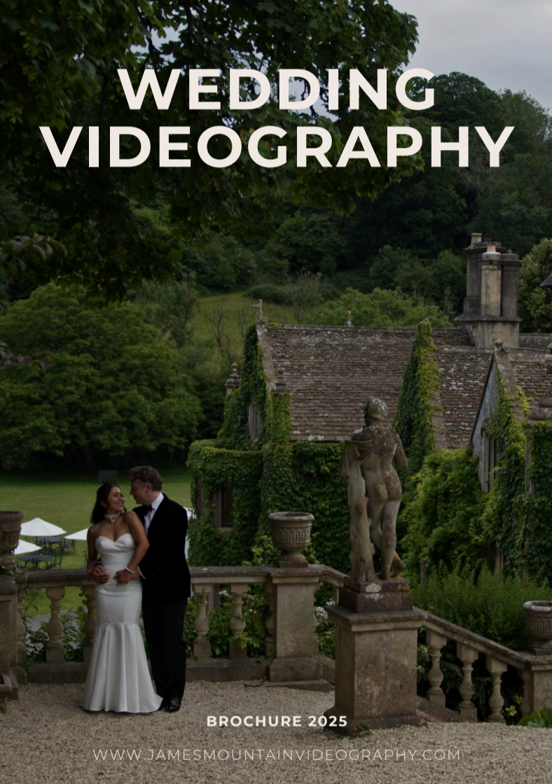 Cover of a wedding videography brochure featuring a bride and groom standing together outdoors on a stone terrace, surrounded by lush greenery and a historic building with ivy-covered walls.