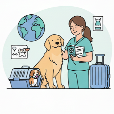 A veterinarian holding a leash with a large dog, a small dog in a carrier, and luggage in a veterinary clinic. There is a globe and pet-related images on the wall.