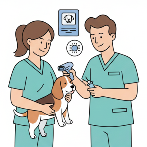 Veterinarian and veterinary assistant giving a dog vaccination in a veterinary clinic.